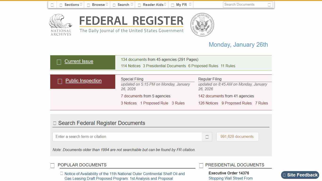 Federal Register :: Home - Monday, January 26th